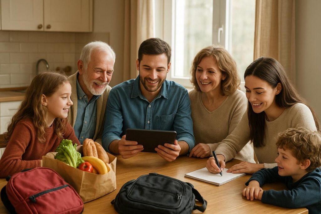 Family and friends coordinating plans together around a kitchen table