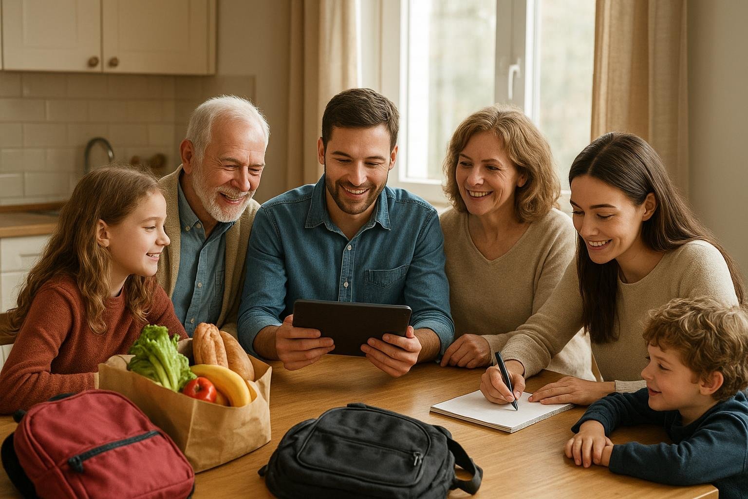 Family and friends coordinating plans together around a kitchen table