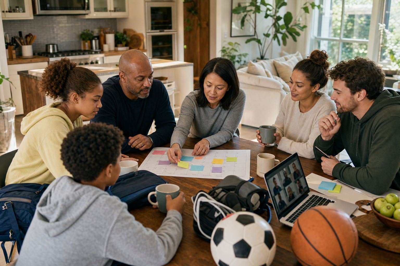 A diverse family and friends planning the week together at home with a paper calendar, phones, and a laptop on a kitchen table.