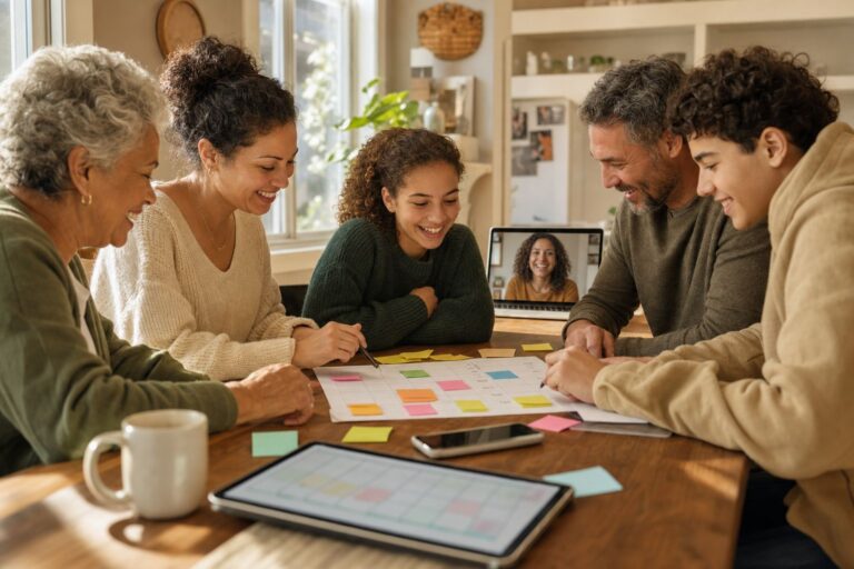 Family gathered around a kitchen table coordinating their week while a relative joins by video from a laptop nearby.