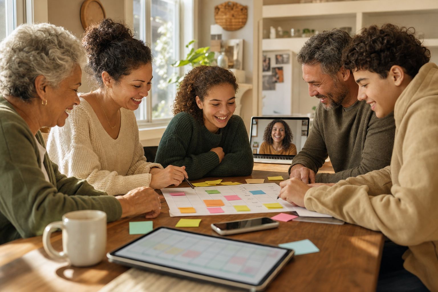 Family gathered around a kitchen table coordinating their week while a relative joins by video from a laptop nearby.