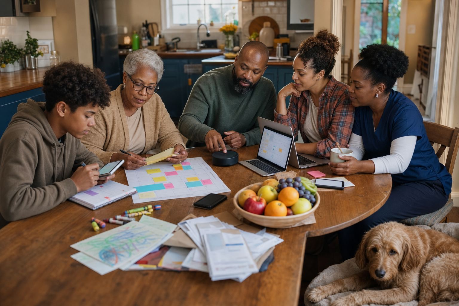 A multigenerational group coordinating schedules around a kitchen table with phones, notes, and a laptop—illustrating private, real‑life planning.