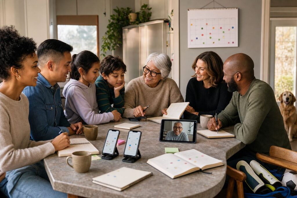 Family and friends calmly plan together around a kitchen island with calendars, phones, and a grandparent on video.