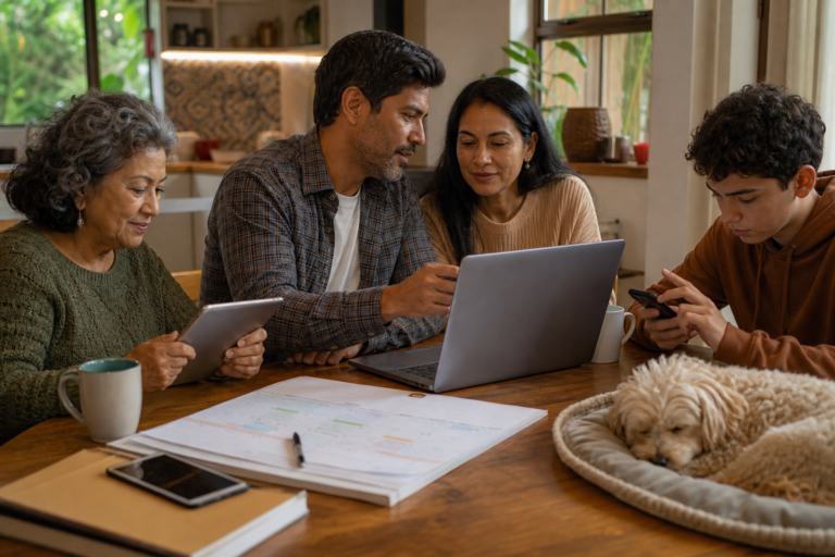 A multigenerational family coordinating plans together at a kitchen table with devices and a shared calendar in view.