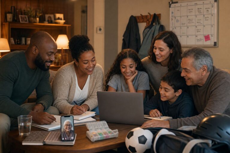 Family and friends coordinate plans in a living room while a grandparent joins their conversation by video.