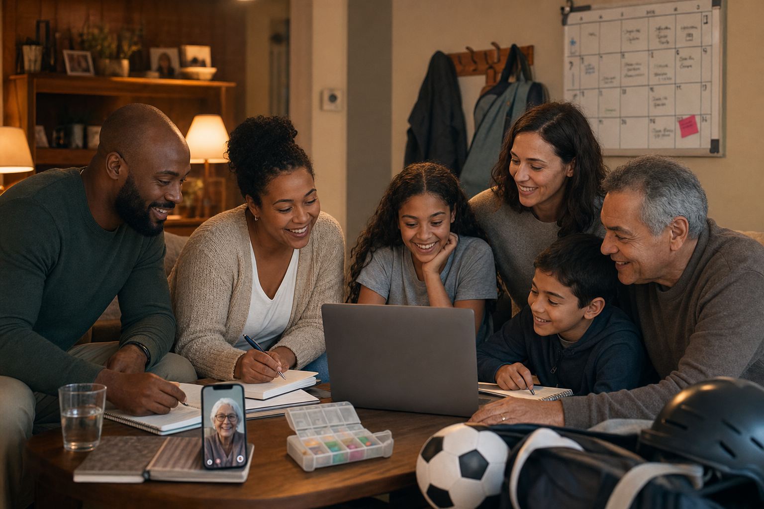 Family and friends coordinate plans in a living room while a grandparent joins their conversation by video.