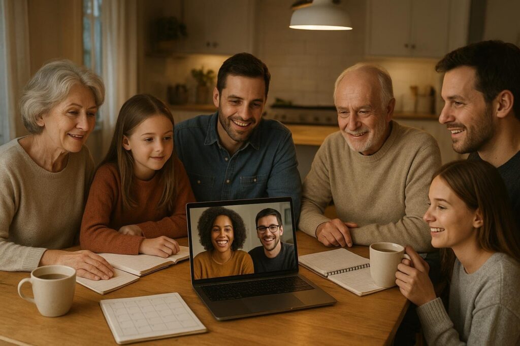 Family and friends coordinating plans together during a private video call at a kitchen table