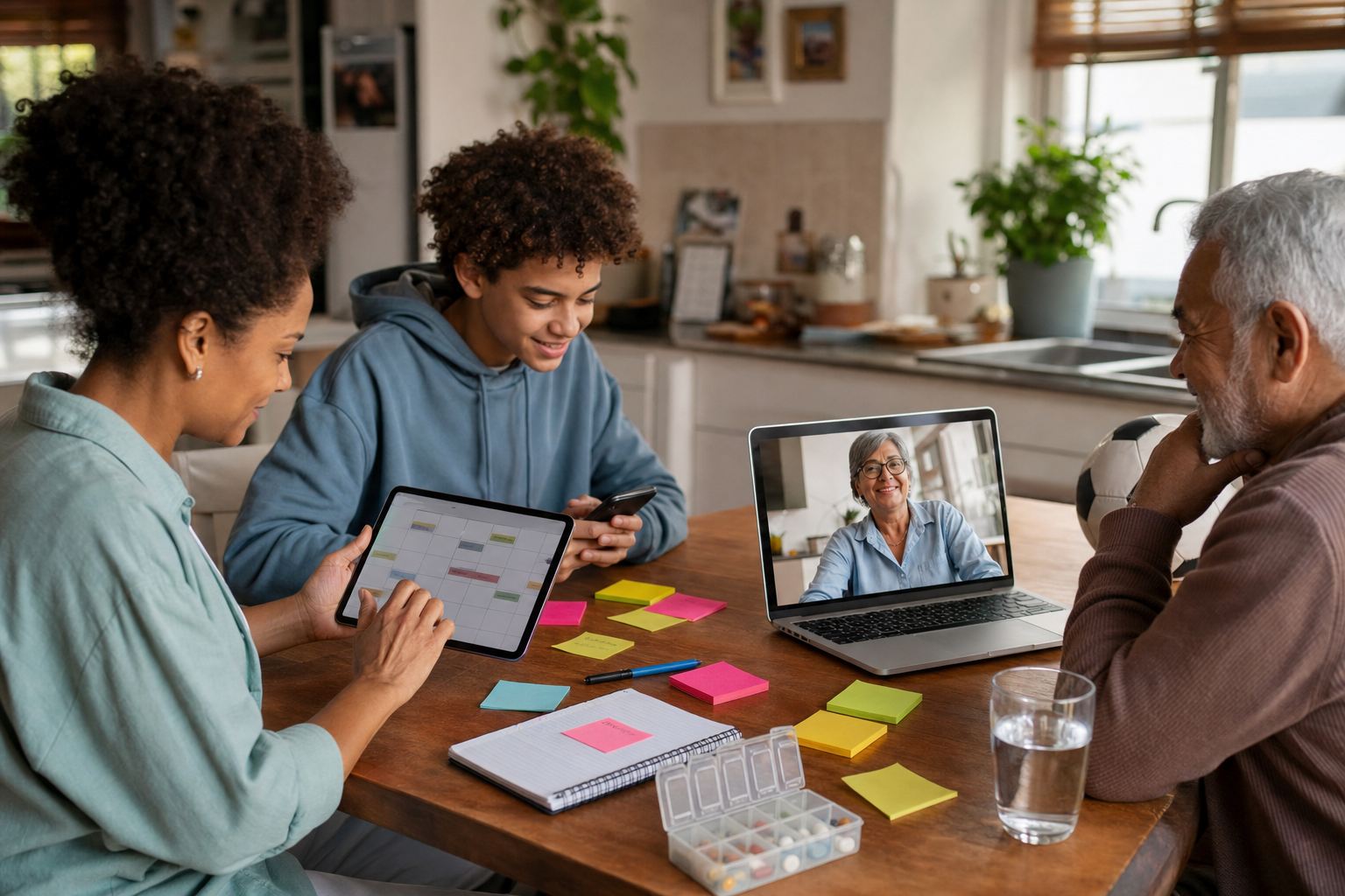 A family coordinates shared plans and caregiving at a kitchen table while a grandparent joins by video.