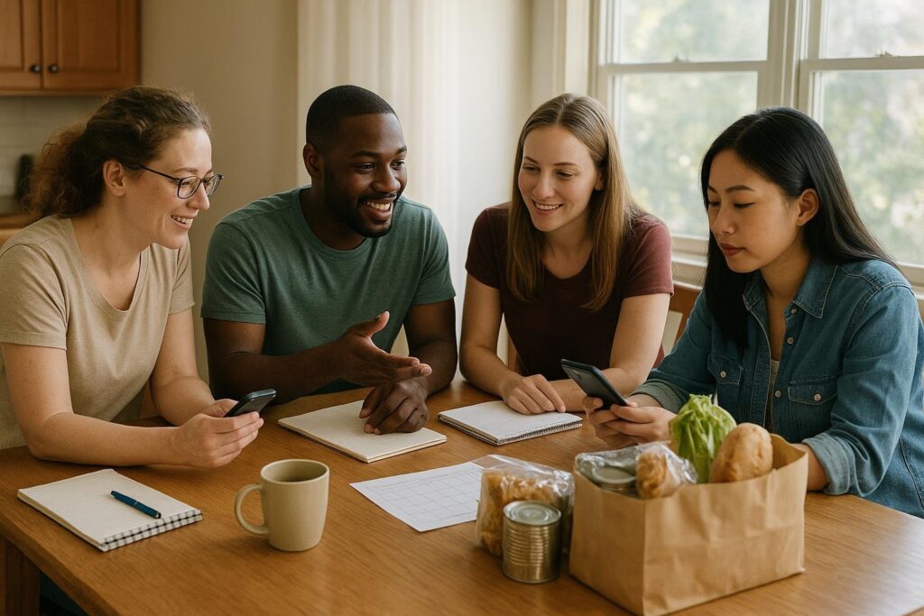 Volunteers planning a community project together around a kitchen table with notebooks, phones, supplies, and coffee